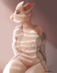  anthro big_breasts breasts clothed clothing ear_piercing eyes_closed facial_piercing featureless_breasts featureless_crotch feline female geekidog mammal navel nose_piercing open_shirt piercing simple_background solo thick_thighs 