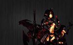  armor black_hair brown_eyes dragon nagi_ryou pointed_ears short_hair underboob weapon 