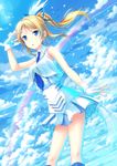  ayase_eli blonde_hair blue_eyes blue_sky boots cloud day dutch_angle fingerless_gloves gloves long_hair love_live! love_live!_school_idol_project miniskirt necktie ponytail rainbow salute skirt sky sleeveless solo uehara_yukihiko wonderful_rush 