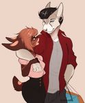  anthro blush clothed clothing duo ear_piercing facial_piercing feline female fur geekidog hair male male/female mammal nose_piercing open_mouth piercing serval simple_background smile standing wide_hips 