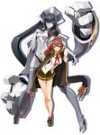  bare_legs black_hair black_panties black_skirt blazblue blazblue:_central_fiction boots bow brown_eyes brown_footwear brown_hair cape celica_a_mercury expressionless full_body grey_footwear grey_skin highres katou_yuuki long_hair looking_at_viewer minerva_(blazblue) miniskirt multiple_girls navel official_art panties pleated_skirt ponytail red_bow red_eyes shadow shiny shiny_skin shirt shoes short_hair skirt smile standing thigh_boots thighhighs underwear white_background white_shirt 