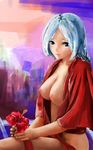  abstract_background blue_eyes blue_hair breasts faux_traditional_media flower gradient gradient_background hibiscus highres kanrobi leg_ribbon lips looking_at_viewer medium_breasts naked_robe nipples open_clothes open_robe ponytail ribbon robe short_hair sitting solo tareme touhou yagokoro_eirin 