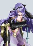  absurdres armor axe bent_over black_armor boots breasts bustier camilla_(fire_emblem_if) capelet cleavage fire_emblem fire_emblem_if hair_over_one_eye highres horned_headwear large_breasts leaning leaning_on_object lips loincloth long_hair looking_at_viewer purple_eyes purple_hair solo strap tashige thigh_boots thighhighs thighs tiara vambraces very_long_hair weapon 