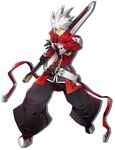 belt black_gloves black_pants blazblue blazblue:_central_fiction coat full_body gloves green_eyes heterochromia highres katou_yuuki looking_at_viewer male_focus official_art pants ragna_the_bloodedge red_eyes red_footwear reverse_grip serious shadow shoes solo spiked_hair standing sword weapon white_background white_hair 