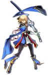  blazblue blazblue:_central_fiction blonde_hair blue_footwear bodysuit boots coat elbow_gloves gloves green_eyes highres jin_kisaragi katou_yuuki knee_boots looking_at_viewer male_focus official_art serious shadow solo standing sword weapon white_background white_gloves yukianesa 