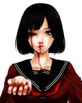  black_hair blood blood_on_face brown_eyes closed_mouth face hands highres injury lips nail_polish nosebleed one_eye_closed original red_nails school_uniform serafuku simple_background solo xie 