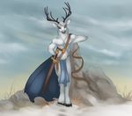  5_fingers akineza antlers cervine clothed clothing day grey_eyes grey_nose hooves horn leaning looking_at_viewer male mammal melee_weapon outside reindeer sky smile smirk snow solo standing sword topless weapon 