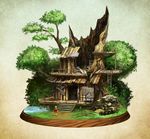  bow broken bush dress fantasy faux_figurine giant_tree grass highres house ladder livee machinery original rapt_(47256) ruins scenery short_hair silver_hair solo stairs tree tree_stump water 