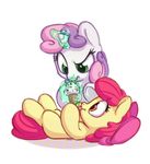  2016 amber_eyes apple_bloom_(mlp) bobdude0 cub dessert duo earth_pony equine female feral food friendship_is_magic frown glowing green_eyes hair hair_bow hair_ribbon hi_res hooves horn horse ice_cream licking lying magic mammal multicolored_hair my_little_pony on_back pink_hair pony purple_hair ribbons simple_background sweetie_belle_(mlp) tongue tongue_out two_tone_hair unicorn white_background young 