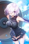  armor armored_dress bare_shoulders black_armor breasts commentary_request elbow_gloves fate/grand_order fate_(series) gloves hair_over_one_eye large_breasts looking_at_viewer mash_kyrielight mofu open_mouth purple_eyes purple_hair shield short_hair solo 