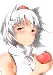  animal_ears apple bare_shoulders blush eating eyebrows fang food fruit hat highres holding holding_food holding_fruit inubashiri_momiji pom_pom_(clothes) red_eyes shishi_juuroku silver_hair simple_background solo thick_eyebrows tokin_hat touhou white_background wolf_ears 