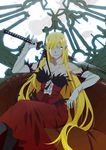  bakemonogatari bare_shoulders blonde_hair blush breasts cleavage crying dress elbow_gloves gloves highres katana kiss-shot_acerola-orion_heart-under-blade kizumonogatari large_breasts long_hair looking_at_viewer monogatari_(series) ootachi pointy_ears solo sword tears very_long_hair watanabe_akio weapon yellow_eyes 