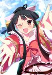  alternate_hairstyle belt black_hair blush bow brown_eyes hair_bow houraisan_kaguya japanese_clothes kimono nurupo_(abooon) one_eye_closed open_mouth outstretched_arms ponytail solo touhou wide_sleeves 