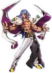  azrael_(blazblue) belt blazblue blazblue:_central_fiction blue_hair choker facial_hair full_body goatee grin highres jacket_on_shoulders katou_yuuki long_hair looking_at_viewer male_focus official_art outstretched_arms pants red_eyes shadow shirtless shoes smile solo spread_arms standing tattoo white_background white_pants 