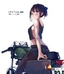  2016 black_hair brown_eyes cutoffs dated garnet ground_vehicle highres looking_at_viewer looking_back midriff motor_vehicle motorcycle original pantyhose short_hair solo 