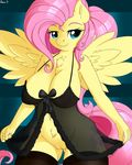  2016 absurd_res anthro anthrofied areola breasts chest_tuft clothed clothing cutie_mark equine eyelashes feathered_wings feathers female fluttershy_(mlp) friendship_is_magic fur hair hi_res legwear long_hair looking_at_viewer mammal my_little_pony navel nipples pegasus pink_hair pussy smile solo spread_wings translucent transparent_clothing tuft wings yellow_fur ziemniax 