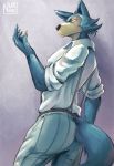 anthro beastars canine clothed clothing fur legosi_(beastars) looking_at_viewer male mammal nurinaki simple_background solo standing suspenders 