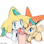  blue_eyes collaborative_fellatio cum cum_on_face fellatio female feral first_person_view human humanoid_penis interspecies jirachi legendary_pok&eacute;mon looking_at_viewer male mammal nintendo oral penis pok&eacute;mon pok&eacute;philia sex simple_background victini video_games white_background xylas 