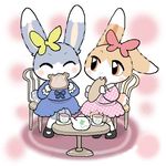  2girls brown_eyes eating eyes_closed furry multiple_girls oda_takashi rabbit sitting toast 