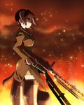  animal_ears brown_eyes brown_hair dual_wielding fire flying gertrud_barkhorn gun highres holding kaneko_(novram58) long_hair machine_gun mg34 neck_ribbon profile red ribbon serious smoke solo strike_witches striker_unit tail twintails uniform weapon world_witches_series 