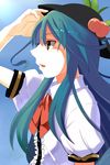  blue_hair food fruit hand_over_eye hat highres hinanawi_tenshi long_hair nurupo_(abooon) open_mouth parted_lips peach puffy_sleeves red_eyes solo touhou 