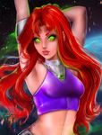  armband arms_up dc_comics green_eyes long_hair looking_at_viewer midriff navel red_hair solo starfire teen_titans 