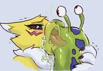  blush canine digimon drooling embrace fangs female fox gastropod kissing lips male mammal mucus numemon renamon romantic_couple saliva shaking size_difference slime slobber slug smaller_male tongue tongue_out trembling ungulatr 