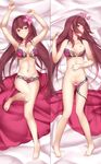  bad_id bad_pixiv_id barefoot bed_sheet bikini blush breasts dakimakura fate/grand_order fate_(series) feet flower from_above full_body hair_flower hair_ornament hibiscus large_breasts long_hair looking_at_viewer lying midriff multiple_views navel nipples on_back p!nta purple_hair red_eyes scathach_(fate)_(all) scathach_(swimsuit_assassin)_(fate) swimsuit 