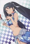  absurdres aka_ringo bare_shoulders bikini black_hair blue_eyes blush breasts checkered checkered_background collarbone floral_print food groin hair_ribbon highres ice_cream isuzu_(kantai_collection) kantai_collection large_breasts lips long_hair looking_at_viewer navel parfait ribbon sarong scan smile solo spoon swimsuit twintails 