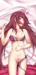  bad_id bad_pixiv_id bed_sheet bikini blush breasts cowboy_shot dakimakura fate/grand_order fate_(series) flower from_above hair_flower hair_ornament hibiscus large_breasts long_hair looking_at_viewer lying nipples on_back p!nta purple_hair red_eyes scathach_(fate)_(all) scathach_(swimsuit_assassin)_(fate) solo swimsuit tattoo 