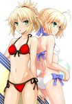  ahoge alternate_costume artoria_pendragon_(all) artoria_pendragon_(swimsuit_archer) ass ass_visible_through_thighs ball bare_arms bare_shoulders beachball bikini blonde_hair braid fate/apocrypha fate/grand_order fate/stay_night fate_(series) french_braid front-tie_top green_eyes hair_between_eyes hair_bun halter_top halterneck isse looking_away looking_to_the_side mordred_(fate)_(all) mordred_(swimsuit_rider)_(fate) multiple_girls navel prydwen red_bikini saber short_ponytail side-tie_bikini sidelocks smile stomach surfboard swimsuit thighs white_bikini 