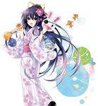  apple candy_apple date_a_live fish floral_print flower food fruit goldfish hair_flower hair_ornament highres japanese_clothes kimono long_sleeves looking_at_viewer looking_back mask obi ponytail purple_eyes purple_hair sash simple_background smile solo tsunako white_background yatogami_tooka 