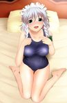  1girl bare_arms bare_legs bare_shoulders barefoot bed blue_eyes blue_swimsuit blush braid breasts feet grey_hair happy highres indoors izayoi_sakuya large_breasts legs looking_at_viewer maid_headdress pillow shiny shiny_clothes silver_hair sitting sleeveless smile solo swimsuit thighs toes touhou twin_braids yadokari_genpachirou 