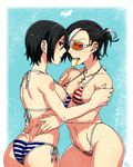  2girls abs bikini black_hood breasts cross cross_necklace earrings highres jewelry kamezaemon medium_breasts mouth_hold multicolored_hair multiple_girls multiple_piercings necklace short_hair string_bikini striped striped_bikini sunglasses swimsuit toned two-tone_hair 
