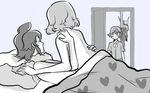  1girl 2boys alain_(pokemon) artist_request bed caught cheating cowgirl_position death door greninja hat heart hug looking_at_another monochrome multiple_boys netorare nude pillow pokemon_(anime) satoshi_(pokemon) serena_(pokemon) sex surprise walk-in 