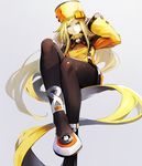  banpai_akira blonde_hair blue_eyes brown_legwear cross-laced_footwear dress fingerless_gloves gloves guilty_gear guilty_gear_xrd hat long_hair millia_rage orange_hat pantyhose prehensile_hair sitting solo very_long_hair 