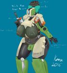  1_eye 2016 bastion_(overwatch) big_breasts blue_background bow breasts crossgender english_text eyelashes female huge_breasts kawmapkarma machine nipples overwatch robot simple_background solo text video_games 