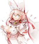  :d bangs banpai_akira blue_eyes breasts cleavage clenched_hands clover cravat dress earrings elphelt_valentine eyebrows_visible_through_hair four-leaf_clover gloves guilty_gear guilty_gear_xrd hair_between_eyes hairband hands_up jewelry juliet_sleeves large_breasts long_sleeves looking_at_viewer open_mouth petals pink_hair puffy_sleeves short_hair simple_background smile solo spiked_hairband spikes upper_body veil white_background white_dress white_gloves 