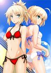  ahoge alternate_costume artoria_pendragon_(all) artoria_pendragon_(swimsuit_archer) ass ass_visible_through_thighs ball bare_arms bare_shoulders beachball bikini blonde_hair braid breasts cloud cloudy_sky day fate/apocrypha fate/grand_order fate/stay_night fate_(series) french_braid front-tie_top green_eyes hair_between_eyes hair_bun halter_top halterneck isse looking_away looking_to_the_side mordred_(fate)_(all) mordred_(swimsuit_rider)_(fate) mother_and_daughter multiple_girls navel prydwen red_bikini saber short_ponytail side-tie_bikini sidelocks sky small_breasts smile stomach surfboard swimsuit thighs white_bikini 