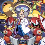  albert_w_wily android arm_cannon bald belt blue_eyes blue_pants blues_(rockman) brown_footwear character_request claws clenched_hands cloud facial_hair fangs fire glowing glowing_eye glowing_eyes grey_hair hands_in_pockets helmet highres labcoat long_sleeves looking_at_viewer male_focus mecha_dragon metool mustache necktie open_mouth pants red_eyes red_neckwear robot rockman rockman_(classic) scarf shield shoes smile solo sunglasses teeth tonami_kanji weapon yellow_devil yellow_eyes yellow_scarf 