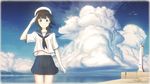  a6m_zero absurdres aircraft airplane arm_up beret blouse cloud cloudy_sky coat cowboy_shot day fubuki_(kantai_collection) gloves hat highres horizon kantai_collection key_kun lighthouse looking_at_viewer navel neckerchief outdoors pleated_skirt sailor_collar salute school_uniform serafuku shore short_hair short_sleeves skirt sky smile solo standing thigh_gap water white_blouse white_gloves 