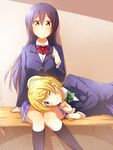  ayase_eli bench black_legwear blazer blonde_hair blue_eyes blue_hair blush bow bowtie clenched_hand green_bow green_neckwear jacket kneehighs lap_pillow light_rays long_hair long_sleeves looking_at_another looking_at_viewer love_live! love_live!_school_idol_project lying multiple_girls on_side one_eye_closed otonokizaka_school_uniform plaid plaid_skirt pleated_skirt ponytail purple_hair red_bow red_neckwear sakura_ai_ke school_uniform scrunchie sitting skirt smile sonoda_umi striped striped_bow striped_neckwear sunbeam sunlight white_scrunchie yellow_eyes yuri 