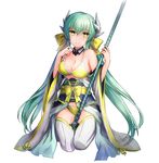  alle_gro aqua_hair bikini bikini_bottom bikini_top breasts cleavage fate/grand_order fate_(series) horns japanese_clothes kimono kiyohime_(fate/grand_order) kiyohime_(swimsuit_lancer)_(fate) large_breasts long_hair low_twintails naginata obi polearm sash smile solo spear swimsuit thighhighs twintails weapon yellow_eyes 