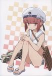  absurdres aka_ringo bag beret bikini brown_eyes checkered checkered_background feet hands_on_own_knees hat highres interlocked_fingers iron_cross kantai_collection military military_hat sailor_bikini sailor_collar sailor_hat sandals scan short_hair shoulder_bag sitting solo swimsuit weapon white_bikini white_hat z3_max_schultz_(kantai_collection) 