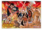  6+boys ankle_lace-up armor axe bandage binoculars black_hair blonde_hair blue_hair brown_hair cape color_spread dual_wielding franky goggles green_hair hair_over_one_eye helmet hood horned_helmet leg_warmers male_focus monkey_d_luffy multiple_boys oda_eiichirou official_art one_piece pteruges roronoa_zoro sanji scabbard scale_armor seal smile spear striped_pants sword tony_tony_chopper tusks usopp viking walrus weapon 