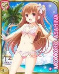  asahina_momoko beach brown_hair card character_name girlfriend_(kari) hair_ornament long_hair looking_at_viewer ocean official_art outstretched_arms qp:flapper red_eyes smile solo swimsuit 
