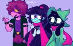  2019 anthro black_fur caprine clothed clothing crossgender deltarune digital_media_(artwork) eyewear female fur glasses goat group hair hat hi_res human koalify13_(artist) kris_(deltarune) male mammal ralsei reptile scalie scarf simple_background smile susie_(deltarune) video_games 