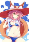  animal_ears bikini blue_bikini ears_through_headwear fate/grand_order fate_(series) fox_ears fox_tail hat highres hizaka midriff navel pink_hair shirt shirt_lift smile solo sun_hat swimsuit t-shirt tail tamamo_(fate)_(all) tamamo_no_mae_(fate) tamamo_no_mae_(swimsuit_lancer)_(fate) wet wet_clothes wet_shirt wet_t-shirt yellow_eyes 