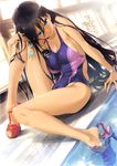  absurdres arm_support black_hair blue_eyes breasts cleavage collarbone competition_swimsuit dutch_angle fingernails goggles goggles_removed hair_between_eyes happoubi_jin high_heels highres holding_goggles indoors large_breasts leg_lift long_fingernails long_hair looking_at_viewer one-piece_swimsuit open_toe_shoes poolside sandals scan seductive_smile shiny shiny_skin shoe_dangle shoes skin_tight smile soaking_feet solo swimsuit tan tanline toranoana very_long_hair watch wet wristwatch 