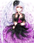  absurdres adapted_costume alternate_color angel_wings ascot bad_id bad_pixiv_id black_dress black_hat breasts bridal_gauntlets brooch choker cleavage cross dress feathered_wings frilled_choker frills hat highres jewelry kishin_sagume large_breasts looking_at_viewer nail_polish petticoat purple_nails red_eyes sheya short_hair short_sleeves single_wing smile solo touhou white_hair white_wings wings 